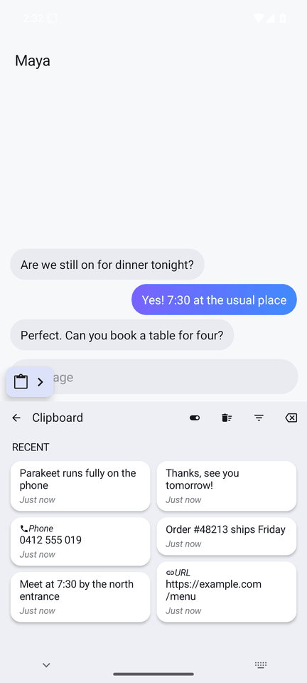 Clipboard history in a two-column grid with timestamps