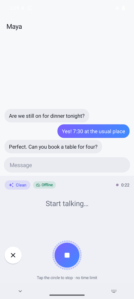 Voice panel while listening: one round control and a running timer, no time limit