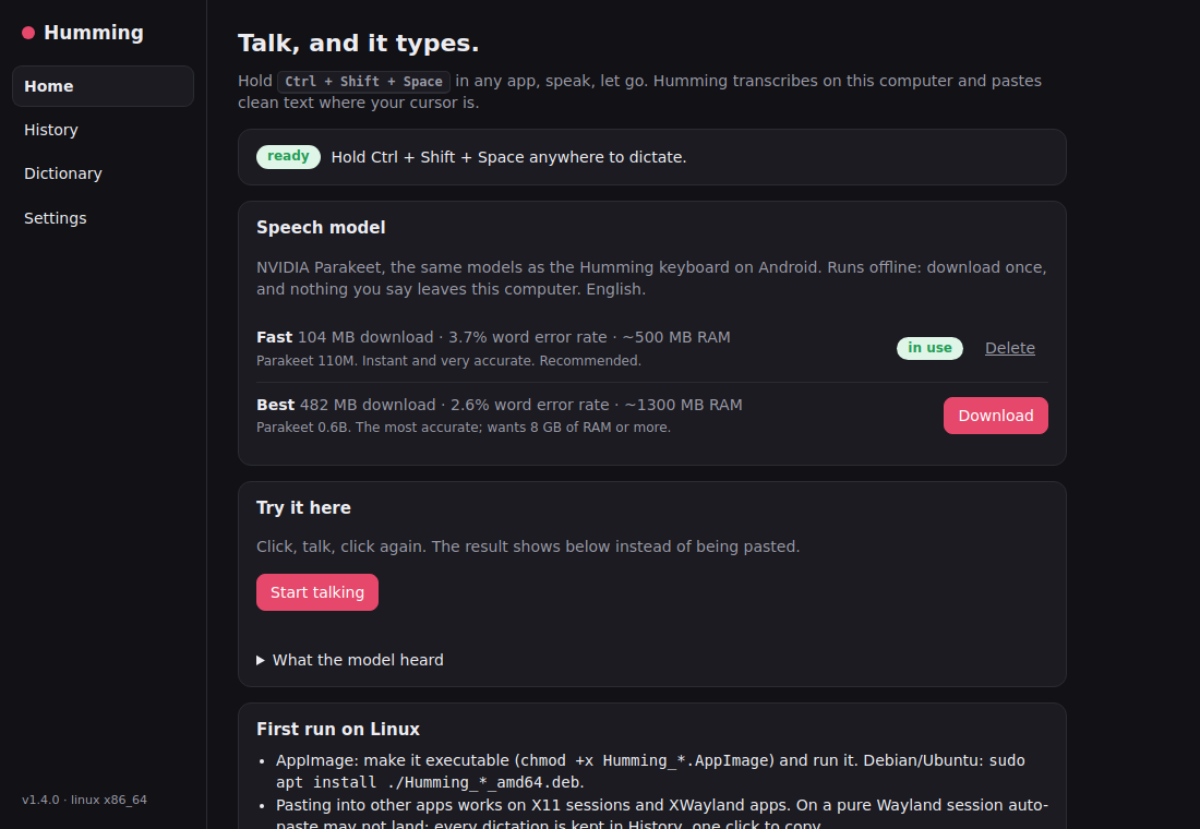 Humming desktop app: status, speech model and a Try it box