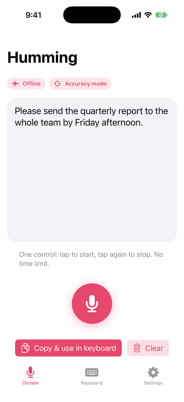 iPhone app with clean dictated text and the Offline badge