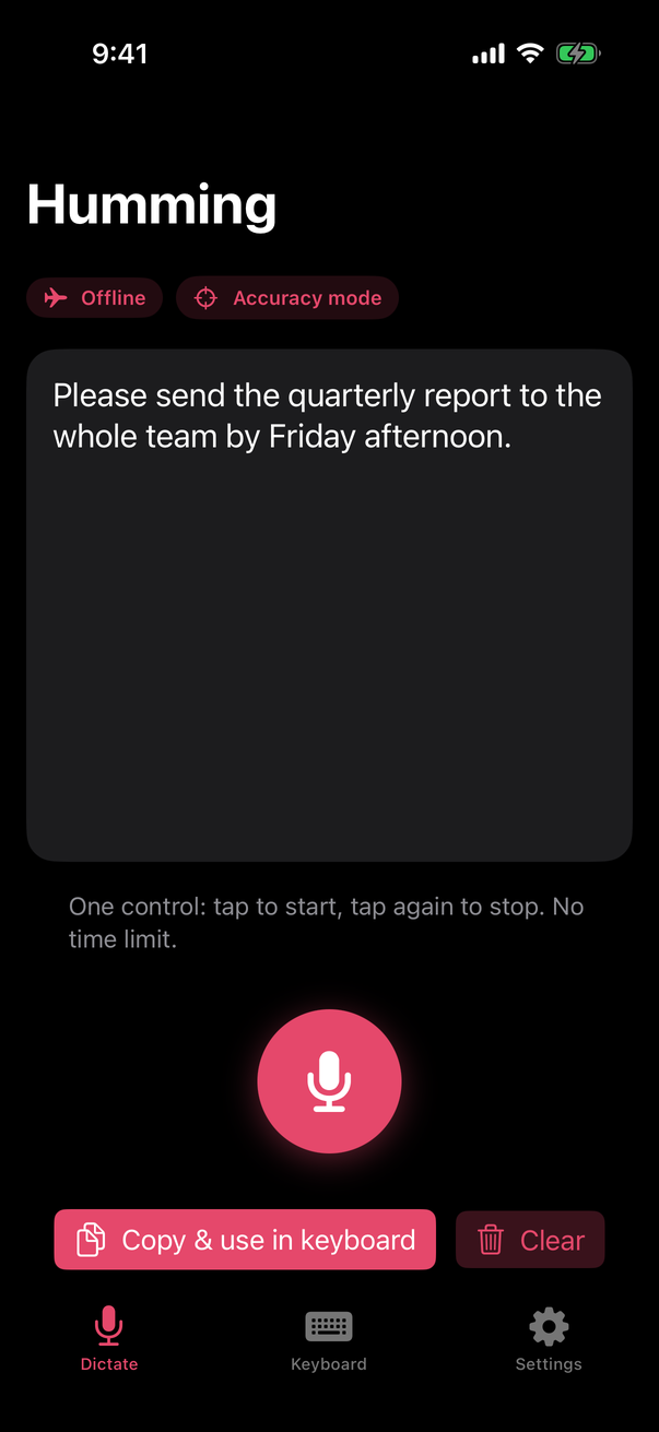 iPhone app in dark mode with a dictated sentence and the Offline badge