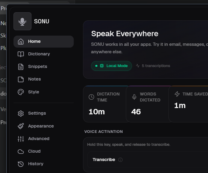 SONU home dashboard, dark theme